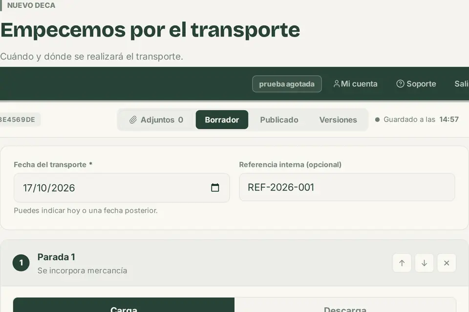 Paso 1 en la app: fecha, paradas de carga y descarga, mercancía y cantidad