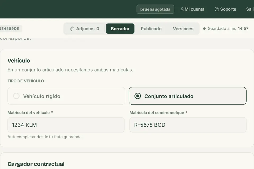 Paso 2 en la app: cargador, transportista y matrículas del vehículo