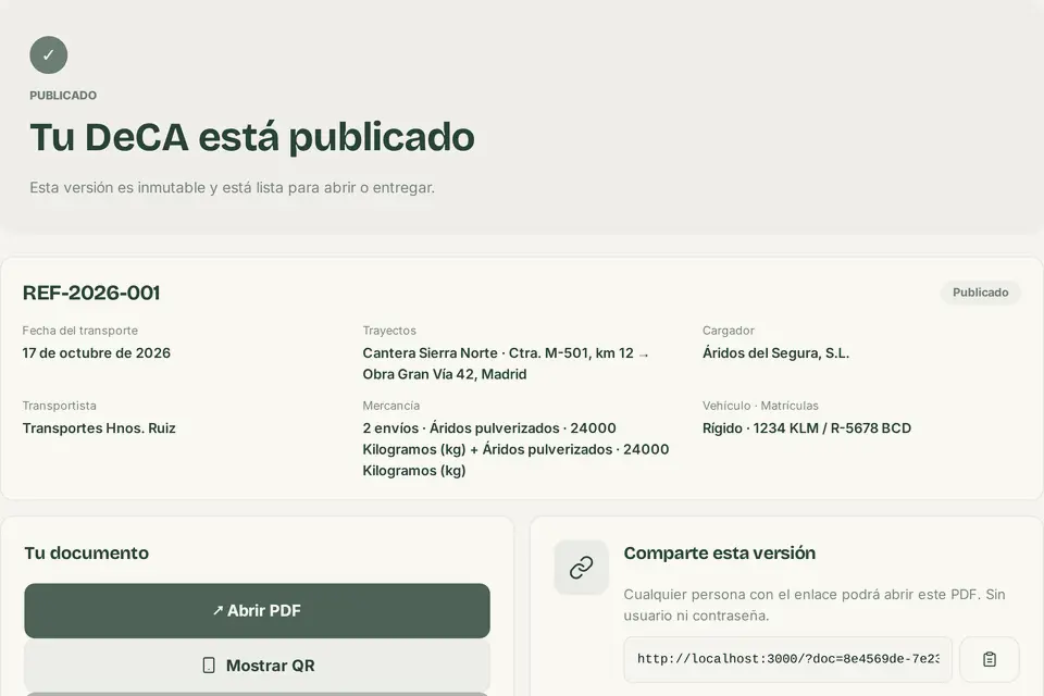Documento publicado: QR de verificación, PDF y acciones para enviarlo